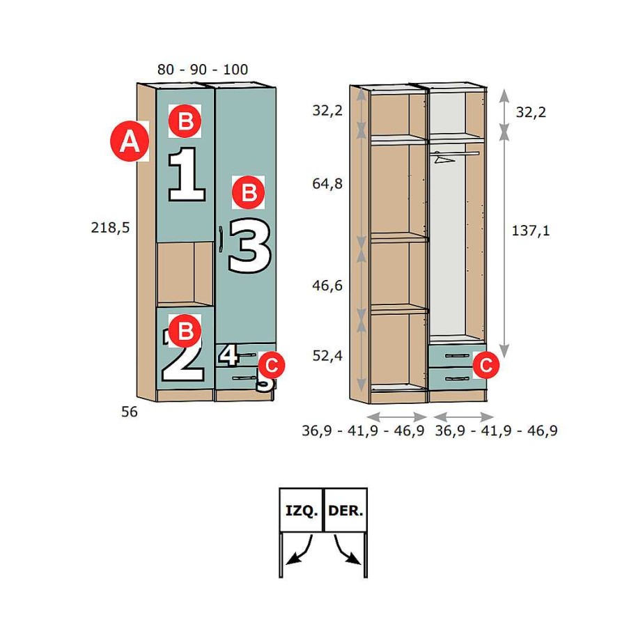 Dormitorios Y Armarios Moblerone Armarios Juveniles | Armario 2 Cuerpos (1 Puerta Y 2 Cajones + 2 Puertas Y Hueco) Parchis