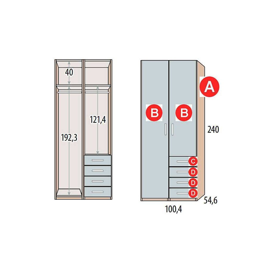 Dormitorios Y Armarios Moblerone Armarios Juveniles | Armario 1 Puerta Larga + 1 Puerta Corta + 4 Cajones Party