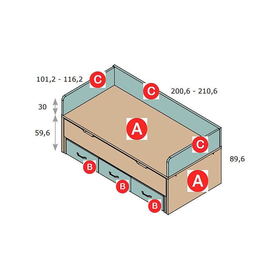 Dormitorios Y Armarios Moblerone Camas Compactas | Compacto Base De 3 Cm De Grosor Con Respaldos, Cama Desplazable Oculta Y 3 Cajones Parchis