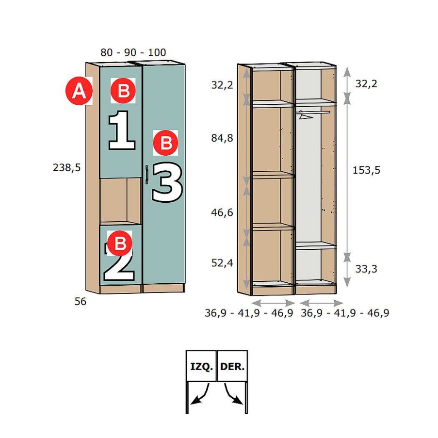 Dormitorios Y Armarios Moblerone Armarios Juveniles | Armario 2 Cuerpos (1 Puerta Larga Y 2 Puertas Y Hueco) Parchis