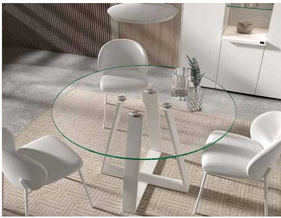 Muebles De Sal N Moblerone | Mesa De Comedor Tapa Cristal Redonda Pata Cruz Met Lica Arizona