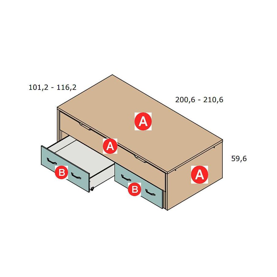 Dormitorios Y Armarios Moblerone Camas Compactas | Compacto Con Bases De 3 Cm De Grosor Y 2 Cajones Con Ruedas Parchis