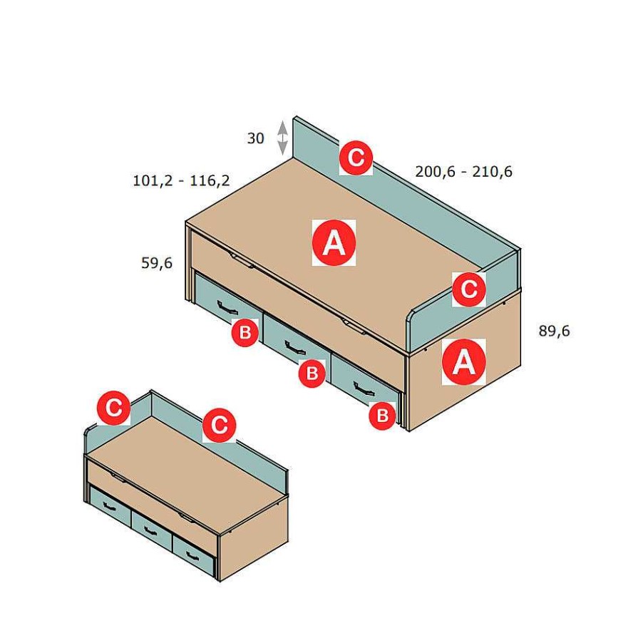 Dormitorios Y Armarios Moblerone Camas Compactas | Compacto Base De 3 Cm De Grosor Con Respaldos, Cama Desplazable Oculta Y 3 Cajones Parchis